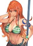  1girl arm_behind_head bangs bare_shoulders belt bikini bikini_top_only blue_pants bracelet breasts cleavage earrings green_bikini hand_on_hip hand_up hinoru_saikusa jewelry large_breasts long_hair looking_at_viewer midriff nami_(one_piece) navel one_piece orange_eyes orange_hair pants pearl_earrings shoulder_tattoo sidelocks solo swimsuit tattoo tongue tongue_out upper_body white_background 