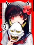  1girl character_request dated eyebrows_hidden_by_hair fangs flower hair_flower hair_ornament hibiscus holding holding_mask horns kiritani846 long_hair m.s.s_project mask oni_mask open_mouth red_eyes red_flower school_uniform serafuku solo 