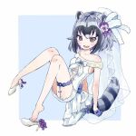  1girl alternate_costume animal_ears back_bow bare_shoulders blue_gloves blush bow brown_eyes commentary_request common_raccoon_(kemono_friends) dress fang footwear_bow fur_trim gloves grey_hair high_heels kemono_friends megumi_222 multicolored_hair open_mouth purple_bow raccoon_ears raccoon_girl raccoon_tail shoe_dangle short_hair sleeveless smile solo tail thigh_strap wedding_dress white_dress white_footwear white_fur 