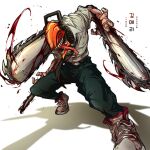  1boy blood blood_on_weapon blood_spray chainsaw chainsaw_man denji_(chainsaw_man) facing_to_the_side facing_viewer iseekim sharp_teeth simple_background solo teeth tongue tongue_out weapon white_background 