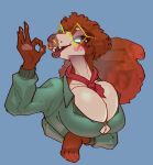  2023 anthro arm_under_breasts big_breasts bigjazz biped bird_dog blue_background blush breasts brown_body brown_fur brown_hair canid canine canis cleavage cleavage_overflow clothed clothing cocker_spaniel digital_media_(artwork) domestic_dog facial_piercing fangs fellatio_gesture female fur gesture hair half-length_portrait hi_res huge_breasts hunting_dog mammal nose_piercing nose_ring piercing portrait pupbea ring_piercing scarf simple_background solo spaniel suggestive suggestive_gesture teeth tongue tongue_out white_body white_fur 