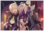  4boys :d ^_^ alcohol alhaitham_(genshin_impact) animal_ear_fluff animal_ears animal_hat arm_around_shoulder arm_up bangs black_choker black_gloves black_hair black_headwear black_ribbon black_shirt blonde_hair blunt_ends blurry blurry_background blush bokeh border cape choker closed_eyes closed_mouth commentary_request cup cyno_(genshin_impact) dark-skinned_male dark_skin depth_of_field drawstring drinking_glass drunk elbow_gloves eyelashes fake_animal_ears feather_hair_ornament feathers fingerless_gloves flower fox_ears frown genshin_impact gloves gold_trim green_cape green_hair grey_hair grin hair_between_eyes hair_ornament hair_over_one_eye hand_on_another&#039;s_shoulder hand_up hat holding holding_cup hood hood_down hoodie jackal_ears kaveh_(genshin_impact) lens_flare long_hair long_sleeves male_focus multicolored_clothes multicolored_hair multiple_boys one_eye_covered open_mouth outside_border parted_bangs red_cape ribbon shirt short_hair short_sleeves shoulder_cape sidelocks sleeping smile swept_bangs teeth tighnari_(genshin_impact) two-tone_hair upper_body urooooboe white_border white_hair white_shirt wine wine_glass wrist_cuffs yellow_flower 