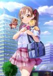  bag brown_eyes brown_hair en&#039;en gureru hair_ornament hair_scrunchie outdoors pleated_skirt precure precure_all_stars precure_all_stars_new_stage:_mirai_no_tomodachi sakagami_ayumi school_bag school_uniform scrunchie short_sleeves skirt smile tirofinire twintails 