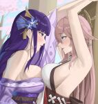  2girls absurdres armpits arms_up backless_outfit bangs bare_shoulders blunt_bangs blush breast_press breasts byeon_dha commentary eye_contact genshin_impact highres japanese_clothes kimono large_breasts long_hair looking_at_another multiple_girls off_shoulder parted_lips purple_eyes purple_hair purple_kimono raiden_shogun red_lips shirt symmetrical_docking very_long_hair white_shirt yae_miko yuri 
