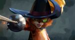  1boy animal_nose arm_up artist_name black_cape cape cat_boy cavalier_hat fangs feathers furry furry_male green_eyes hat hat_feather highres holding holding_sword holding_weapon looking_at_viewer ocado7 open_mouth orange_cat orange_fur puss_in_boots puss_in_boots:_the_last_wish puss_in_boots_(shrek) signature simple_background solo standing sword weapon yellow_feathers 