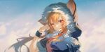  1girl :/ adjusting_hair animal_ears arknights black_capelet blonde_hair bracelet capelet closed_mouth cloud ears_through_headwear eyebrows_hidden_by_hair fur-trimmed_capelet fur-trimmed_hood fur_trim hair_between_eyes hand_in_own_hair hand_up highres honeyberry_(arknights) hood hooded_capelet infection_monitor_(arknights) jewelry juweibingbang long_hair looking_at_viewer multicolored_hair sky solo squirrel_ears squirrel_girl streaked_hair white_hair yellow_eyes 