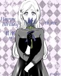  1girl bleach boo_br checkered_background dated dress flower flower_request gloves hair_ornament hairpin happy_birthday holding holding_flower inoue_orihime long_hair long_sleeves purple_eyes see-through solo standing upper_body 