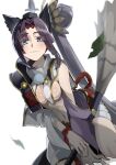  1girl :3 absurdres armor asymmetrical_sleeves black_hair blue_hair blush breast_curtains fate/grand_order fate_(series) feather_hair_ornament feathers hair_ornament highres holding holding_weapon japanese_armor kneeling kusazuri long_hair looking_at_viewer navel purple_sleeves revealing_clothes shot_(shot0598) side_ponytail simple_background smile ushiwakamaru_(fate) weapon white_sleeves 