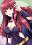  1girl bangs belt black_bodysuit black_cape blush bodysuit breasts cape choker cleavage clothing_cutout collarbone commentary_request covered_navel fire_emblem fire_emblem_engage hair_ornament highres kirishima_riona large_breasts long_hair looking_at_viewer open_mouth pink_choker red_eyes red_hair smile solo star_(symbol) star_hair_ornament yellow_belt yunaka_(fire_emblem) 