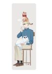  1boy animal_on_head animal_on_lap animalization black_socks blonde_hair blue_shirt brown_footwear cat cat_on_head cat_on_lap chair collared_shirt cup full_body goggles gojou_satoru guttia holding holding_cup itadori_yuuji jujutsu_kaisen light_smile long_sleeves male_focus nanami_kento on_head on_lap pants shirt short_hair sitting socks solo steam sunglasses tiger tiger_cub undercut 