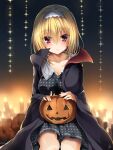  1girl :&lt; bangs black_background black_cape black_dress blonde_hair blush breasts candle candlelight cape chaamii cleavage collarbone commentary dracu-riot! dress expressionless eyelashes fang fingernails food frilled_hairband frills hair_between_eyes hair_over_shoulder hairband halloween high_collar highres holding holding_food holding_pumpkin holding_vegetable large_breasts looking_at_viewer medium_hair nicola_cepheus polka_dot polka_dot_dress pumpkin red_eyes short_dress signature simple_background sitting solo sparkle vampire vegetable white_hairband yuzu-soft 