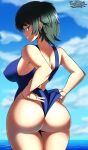  1girl absurdres ass black_hair blue_one-piece_swimsuit blue_sky breasts chainsaw_man clothes_pull covered_nipples from_behind green_eyes hammerofsolace highres himeno_(chainsaw_man) large_breasts looking_at_viewer looking_back ocean one-piece_swimsuit one-piece_swimsuit_pull outdoors short_hair sky smile solo standing swimsuit water 