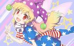  1girl american_flag_dress american_flag_pants artist_name bangs blonde_hair blush clownpiece commentary_request dress fairy_wings fingernails flying gradient_hair hair_between_eyes hand_up hat jester_cap long_fingernails long_hair looking_at_viewer mimi_(ikrptppt) multicolored_background multicolored_hair neck_ruff one-hour_drawing_challenge open_mouth pants pink_background pink_hair polka_dot purple_background purple_headwear red_eyes short_sleeves smile solo star_(symbol) star_print striped striped_background striped_dress striped_pants tongue touhou transparent_wings v white_background wings 