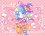  1girl ankle_bow bangs biscuit_(bread) blue_eyes blue_hair bow candy chibi chocolate cupcake doughnut food gemini_(kokoma) hat lollipop long_hair looking_at_viewer original pumpkin pumpkin_house smile solo swept_bangs witch witch_hat 