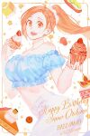  1girl bare_shoulders bleach blue_shirt breasts brown_eyes cake character_name cleavage cupcake english_text food food_on_face fruit happy_birthday highres holding holding_food inoue_orihime large_breasts long_hair looking_at_viewer off-shoulder_shirt off_shoulder open_mouth pants puffy_short_sleeves puffy_sleeves shirt short_sleeves solo strawberry teeth upper_teeth_only wdberry0715 white_pants 