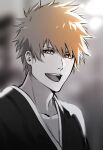  1boy bleach collarbone greyscale highres konetaa kurosaki_ichigo looking_at_viewer male_focus monochrome open_mouth orange_eyes orange_hair solo spiked_hair spot_color teeth upper_body upper_teeth_only 