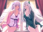  2girls bed breasts bright_pupils butterfly_hair_ornament closed_mouth curtains echidna_(re:zero) emilia_(re:zero) green_chemise green_jacket hair_ornament hand_on_own_thigh jacket large_breasts looking_at_viewer multiple_girls off_shoulder open_mouth pink_jacket pointy_ears purple_ribbon qwel_08 re:zero_kara_hajimeru_isekai_seikatsu ribbon smile teeth thighs upper_teeth_only white_chemise white_pupils 