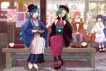 2boys 3girls black_gloves black_hair blue_(happinesscharge_precure!) blue_eyes blue_hair dango delicious_party_precure fedora food fuwa_hatsuko gloves green_hair hands_on_own_cheeks hands_on_own_face happinesscharge_precure! hat highres japanese_clothes kimono long_hair monster_rally multiple_boys multiple_girls precure queen_mirage red_(happinesscharge_precure!) red_hair secretoru_(precure) sitting smile very_long_hair wagashi yellow_eyes 