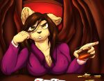  absurd_res alcohol anthro beverage big_breasts breasts brown_hair coin curvy_figure cutefckngbunny felid female hair hi_res hourglass_figure iranian_mythology mammal manticore maria_esposito middle_eastern_mythology mythology poker_cards scar smile smiling_at_viewer solo whiskey yellow_eyes 