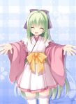  1girl bangs blue_background blunt_bangs blush bow chaamii cherry_blossom_print closed_eyes commentary_request dot_nose flat_chest floral_print frilled_thighhighs frills green_hair hair_bow hair_over_shoulder highres hime_cut japanese_clothes kimono long_hair long_sleeves looking_at_viewer murasame_(senren) open_hands open_mouth orange_bow orange_sash outstretched_arms pink_kimono plaid plaid_background purple_bow senren_banka short_kimono sidelocks signature smile solo standing straight_hair thighhighs very_long_hair white_kimono white_thighhighs yuzu-soft 
