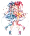  ahoge back_bow blue_hair blue_headband blush bow closed_eyes cosplay cure_milky cure_milky_(cosplay) cure_star cure_star_(cosplay) full_body grin hagoromo_lala hair_ornament headband highres holding_hands hoshina_hikaru long_hair magical_girl pink_hair precure qianxia_yell see-through see-through_sleeves self_cosplay single_leg_pantyhose single_thighhigh sketch smile star_(symbol) star_hair_ornament star_twinkle_precure thighhighs twintails white_background 