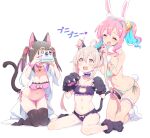  3girls absurdres ahoge animal_ear_fluff animal_ears animal_hands bell bikini blush breasts brown_hair camera cat_cutout cat_ears cat_lingerie cat_tail choker cleavage_cutout closed_eyes clothing_cutout drooling earrings foreshortening gloves gradient_hair highres holding holding_camera hoop_earrings hozuki_kaede jewelry kneeling kunikune large_breasts long_hair medium_breasts meme_attire multicolored_hair multiple_girls nail_polish navel neck_bell onii-chan_wa_oshimai! open_mouth oyama_mahiro oyama_mihari paw_gloves paw_shoes pink_hair pink_nails rabbit_ears siblings side-tie_bikini_bottom sisters sitting small_breasts swimsuit tail tearing_up thigh_gap thighs twintails two-tone_hair very_long_hair wariza 