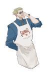  1boy adjusting_goggles animal_print animalization apron blue_shirt closed_eyes collared_shirt cowboy_shot goggles grey_apron guttia itadori_yuuji jujutsu_kaisen leopard_print long_sleeves nanami_kento necktie open_mouth shirt solo standing tiger tiger_cub watch wristwatch yellow_necktie 