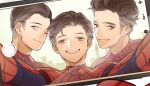  3boys andrew_garfield animification blue_eyes brown_eyes brown_hair closed_mouth grin holding holding_phone kottie looking_at_viewer marvel marvel_cinematic_universe mask mask_removed multiple_boys open_mouth peter_parker phone short_hair smile spider-man spider-man:_no_way_home spider-man_(series) taking_picture teeth thick_eyebrows tobey_maguire tom_holland upper_teeth_only 