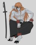  1boy absurdres asure_(asure_twi) black_sclera bleach brown_eyes claws colored_sclera colored_skin full_body grey_skin hair_between_eyes heterochromia highres hollow_mask horns kurosaki_ichigo long_hair looking_at_viewer male_focus no_shoes orange_hair single_horn sitting solo sword weapon yellow_eyes 