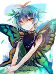  1girl antennae aqua_hair butterfly_wings closed_mouth dress eternity_larva fairy green_dress kutsuki_kai leaf leaf_on_head multicolored_clothes multicolored_dress orange_eyes short_hair short_sleeves smile solo touhou upper_body wings 