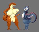  anthro arttukorppu big_breasts breasts butt dinosaur duo female genitals holding_butt licking licking_lips looking_at_viewer navel nipples non-mammal_breasts nude pussy raised_tail reptile scalie spread_butt spreading tail theropod tongue tongue_out 