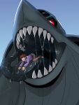  3:4 absurd_res aircraft black_tongue blue_background bodily_fluids bottomwear brown_hair clothed clothing drooling duo front_view grey_body hair hi_res human imminent_oral_vore imminent_vore imperatorcaesar living_machine machine male mammal mouth_shot narrowed_eyes open_mouth pupils purple_bottomwear purple_clothing purple_shorts purple_topwear red_eyes saliva saliva_on_tongue saliva_string sharp_teeth shorts simple_background teeth tongue tongue_out topwear white_pupils wide_eyed 
