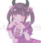  1girl black_hair blush demon_horns denonbu dress frills hair_ornament highres horns long_hair looking_at_viewer pikaeru pink_eyes pomemori puffy_short_sleeves puffy_sleeves purple_dress reml ribbon short_sleeves sidelocks simple_background smile solo tongue tongue_out twintails upper_body white_background wrist_cuffs 