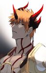  1boy asure_(asure_twi) bleach brown_eyes highres horns kurosaki_ichigo looking_at_viewer male_focus orange_hair parted_lips pectorals short_hair solo spiked_hair topless_male upper_body 