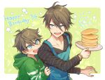  2boys age_difference ahoge akuno_hideo akuno_hideo&#039;s_brother apron bishounen blue_eyes brothers food green_hoodie happy_birthday hood hoodie idolmaster idolmaster_side-m long_sleeves male_focus multiple_boys pancake pancake_stack sharp_teeth siblings smiley_face teeth toumeitou upper_teeth_only 