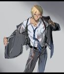  1boy amuro_tooru blonde_hair blue_eyes blue_necktie collarbone cowboy_shot dark_skin formal grey_pants grey_suit highres holster looking_at_viewer male_focus meitantei_conan necktie pants parksouthcity shirt short_hair shoulder_holster solo standing striped_necktie suit undressing white_shirt 