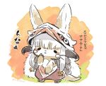  1girl bangs black_eyes blush brown_fur chibi claws furry hat highres horns hotathino long_hair made_in_abyss nanachi_(made_in_abyss) simple_background tail topless triangle_mouth whiskers white_hair 
