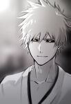  1boy black_sclera bleach collarbone colored_sclera greyscale highres hollow_ichigo konetaa light_smile looking_at_viewer male_focus monochrome short_hair solo spot_color upper_body yellow_eyes 
