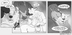  2022 anthro arf balls bodily_fluids canid canine canis chest_tuft comic detailed dialogue digital_media_(artwork) domestic_dog dominant dominant_male duo embarrassed english_text erection foreskin fur genital_fluids genitals hair humanoid_genitalia humanoid_penis male male/male mammal mastiff molosser monochrome multiple_scenes nipple_piercing nipples nude open_mouth penile penis piercing pubes rottweiler sauna sequence short_hair sitting smile solo speech_bubble strange-fox submissive submissive_male text towel towel_only tuft urine watersports white_body white_fur 