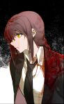  1girl absurdres bangs bijian_de_linghun black_jacket black_necktie blood blood_in_hair blood_on_clothes braid braided_ponytail chainsaw_man collared_shirt formal highres jacket looking_to_the_side makima_(chainsaw_man) medium_hair necktie parted_lips red_hair ringed_eyes shirt sidelocks solo suit suit_jacket white_shirt yellow_eyes 