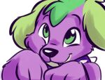  2016 black_nose canid canine canis collar digital_media_(artwork) digital_painting_(artwork) domestic_dog equestria_girls eyebrows feral fizzy-dog fur green_ears green_eyes hasbro looking_at_viewer male mammal my_little_pony paws purple_body purple_collar purple_fur simple_background smile solo spike_(eg) spiked_collar spikes white_background 