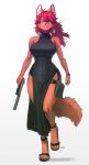  1girl :3 absurdres animal_ear_fluff animal_ears animal_feet animal_nose artist_name bangs bare_shoulders black_dress black_footwear blue_eyes body_fur breasts claws collarbone commentary commission covered_navel dress english_commentary feet fox_ears fox_girl fox_tail furry furry_female gun hair_between_eyes handgun happy heterochromia high_heels highres holding holding_gun holding_weapon large_breasts leg_up long_dress long_hair looking_at_viewer orange_fur original parted_lips pawpads pelvic_curtain pgm300 pouch red_eyes red_hair sandals side_slit sidelocks signature simple_background smile solo standing standing_on_one_leg suppressor tail teeth thigh_strap toes trigger_discipline v-shaped_eyebrows watch weapon white_background wristwatch 