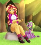  2017 black_nose blonde_hair bottomwear breasts canid canine canis clothed clothing collar digital_drawing_(artwork) digital_media_(artwork) domestic_dog duo equestria_girls eyebrow_through_hair eyebrows female feral fizzy-dog flower footwear forest forest_background fur green_body green_ears green_eyes green_fur green_hair hair hand_on_leg hand_on_own_leg hasbro human light light_beam looking_aside looking_up male mammal multicolored_body multicolored_fur my_little_pony nature nature_background pawpads plant purple_collar purple_tail red_hair rock shirt shoes shorts signature sitting sitting_on_grass sitting_on_rock socks spike_(eg) spiked_collar spikes sunbeam sunlight sunset_shimmer_(eg) tail teal_eyes tongue tongue_out topwear translucent translucent_hair tree two_tone_body two_tone_fur yellow_body yellow_skin young 