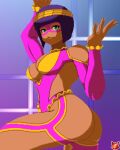  1girl ass breasts dark-skinned_female dark_skin foxander green_eyes highres menat pixel_art smile solo street_fighter 