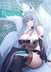  1girl animal_ear_fluff animal_ears artist_name azur_lane bangs bare_shoulders black_choker black_gloves black_skirt black_thighhighs blue_eyes blurry blurry_background blush boots breasts bridal_gauntlets choker cleavage commentary crossed_legs elbow_gloves feet_out_of_frame fox_ears fox_tail gloves hair_between_eyes halterneck highleg highleg_leotard highres kitsune large_breasts leotard long_hair looking_at_viewer miniskirt momijizuki_luna multiple_tails official_alternate_costume parted_lips race_queen see-through shinano_(azur_lane) shinano_(moonlit_chrome)_(azur_lane) sidelocks signature sitting skirt solo tail thigh_boots thighhighs thighhighs_under_boots thighs very_long_hair white_hair white_tail 