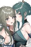  2girls asymmetrical_docking bangs bare_shoulders blush breast_press breasts genshin_impact green_hair grey_eyes grey_hair guizhong_(genshin_impact) highres hominamia large_breasts long_hair looking_at_viewer looped_braids madame_ping_(genshin_impact) medium_breasts multiple_girls open_mouth parted_bangs purple_eyes sidelocks simple_background smile white_background 