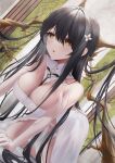  1girl absurdres all_fours azur_lane black_hair branch breasts cleavage dress dutch_angle flower hair_flower hair_ornament highres indomitable_(azur_lane) kirisamede_gzr large_breasts long_hair open_mouth very_long_hair white_dress yellow_eyes 
