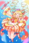  1girl ;d ankle_bow apron blonde_hair blush bow bubble_skirt bun_cover cure_yum-yum cure_yum-yum_(party_up_style) delicious_party_precure drill_hair flower_brooch footwear_bow full_body hanamichi_ran head_wreath highres long_hair magical_girl mem-mem_(precure) monster_rally one_eye_closed orange_footwear petals precure red_eyes skirt smile solo tassel twin_drills white_stripes wide_sleeves 