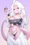  1girl :q android_21 black_sclera bracelet breasts cake choker colored_sclera colored_skin dragon_ball dragon_ball_fighterz food gradient_background holding holding_food hot_vr jewelry large_breasts long_hair majin_android_21 navel pants pink_skin pointy_ears purple_background red_eyes solo stomach tail tongue tongue_out torn_clothes torn_pants white_hair white_pants yellow_choker 