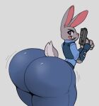  absurd_res anthro big_butt bottomwear buckteeth bulletproof_vest butt clothing disney elbow_pads female grey_body gun hi_res holding_gun holding_object holding_weapon huge_butt huge_hips huge_thighs hyper hyper_butt judy_hopps lagomorph leporid looking_back mammal open_mouth pants purple_eyes rabbit ranged_weapon reddrago shirt solo teeth thick_thighs topwear weapon wide_hips zootopia 